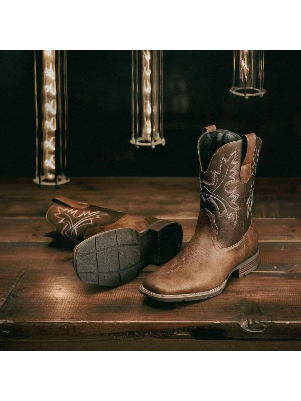 Men's Brown Faux Leather Slip on Square Toe with Classic Embroidered Cowboy Boot